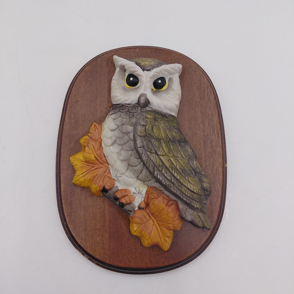 Vtg Ceramic Wood Mounted Owl Wall Art Brown Bird 70s Cottage Whimsical Nature